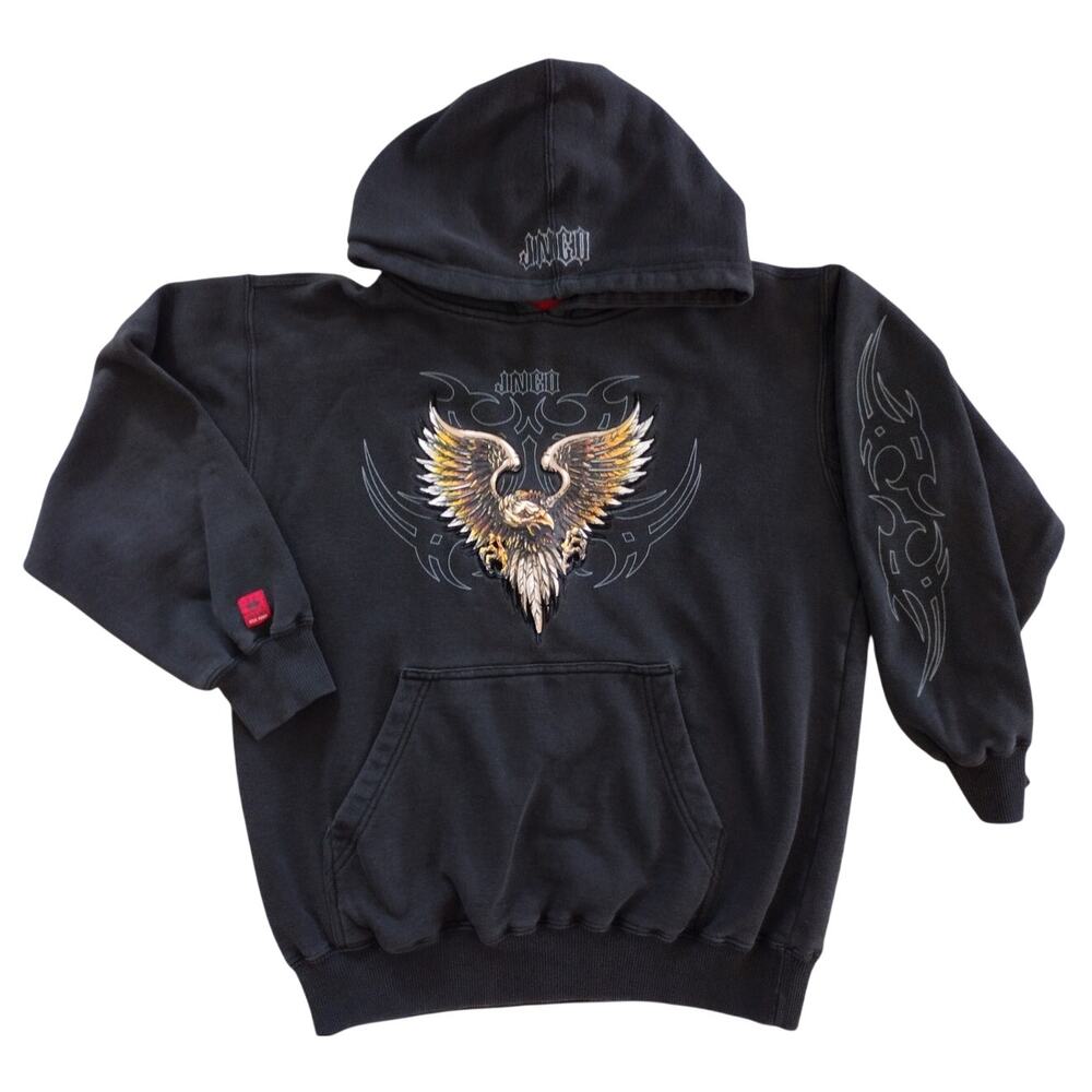 JNCO Vintage Y2K Oversized Black Tribal Eagle Graphic Hoodie Youth Boys' Medium